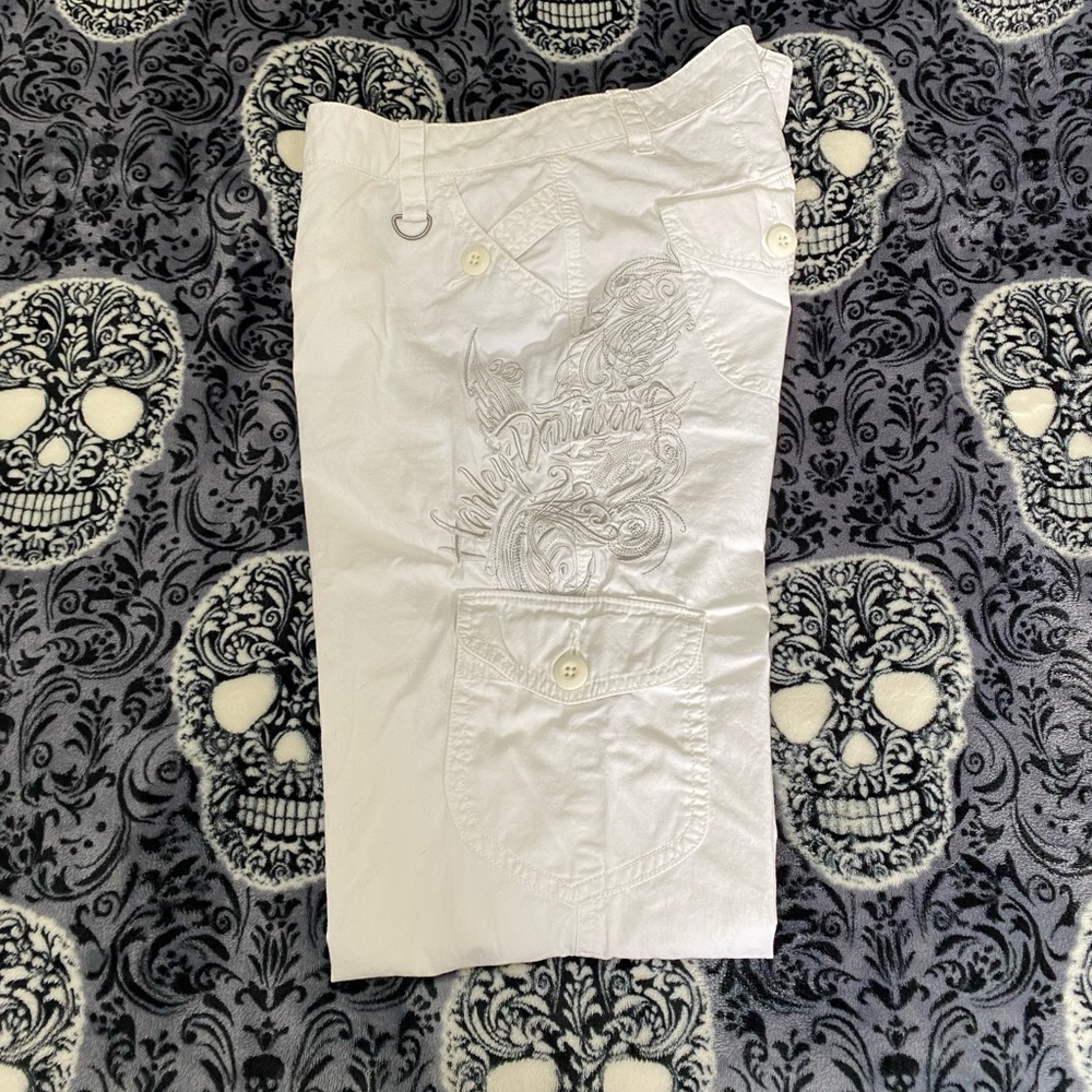 White Embroidered Harley Davidson Low Rise Boot Cut Cargo Pants